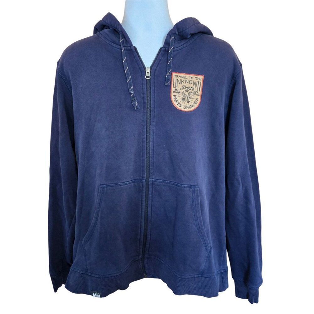 REI Co-Op Mens Travel To The Unknown Hoodie Large Blue Zip-Up gorpcore hiking